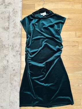 Reformation Teal Velvet Ruched Mini Dress